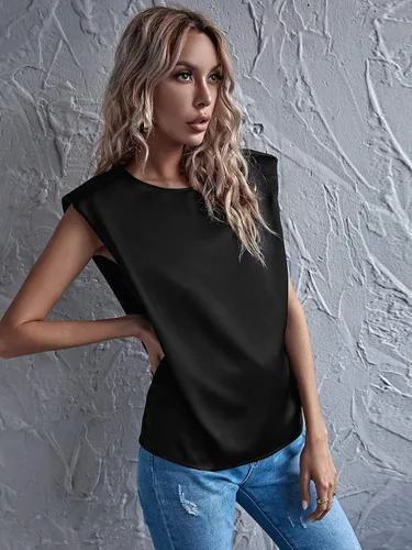 Vista 3 de Verdusa Camisetas de satén para mujer, estilo casual, sin mangas, con almohadilla de hombro