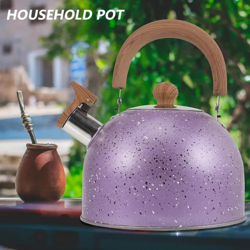 Vista 8 de Tetera de té silbante, hervidor de agua de acero inoxidable con mango de madera, cubierta de boquilla de bloqueo, camping para inducción de gas