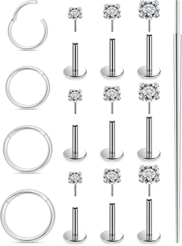 Vista 8 de Aretes de nariz de acero quirúrgico 316L, 20G, 18G y 16G, sin rosca, aretes de lóbulo para cartílago, cartílago, oreja, labio, piercing para mujeres