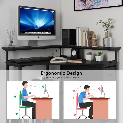 Vista 7 de VENNQD Escritorio esquinero con cajones y estantes para espacio pequeño, escritorio triangular de computadora de 90 grados con tomas de corriente