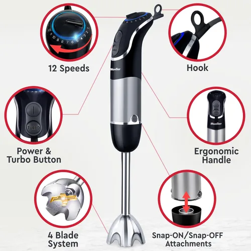 Vista 3 de Mueller Multistick 800W Batidora de Inmersión Manual 5 en 1, Batidora de Mano de 12 Velocidades - Turbo Boost, Motor de Cobre de Servicio Más