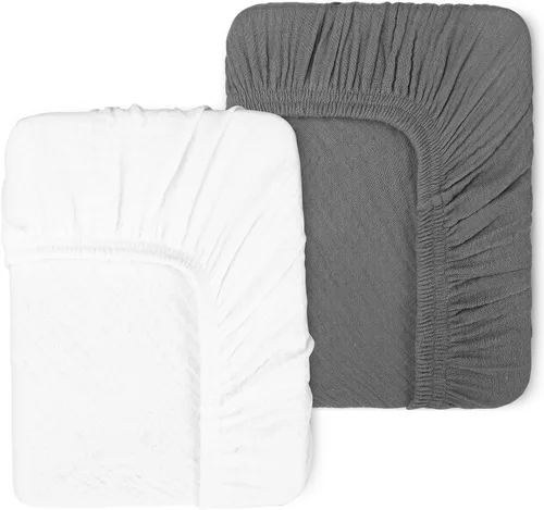 Vista 16 de Paquete de 2 sábanas de muselina negra para cuna, para niños y niñas, de algodón neutro transpirable, para cuna estándar de 28 x 52 pulgadas