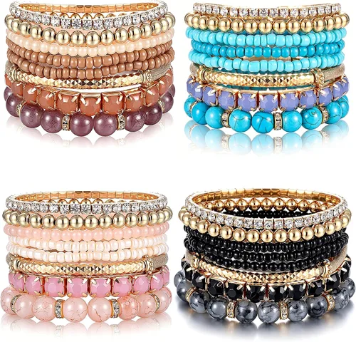 Vista 7 de MILACOLATO 4 juegos de pulseras boho para mujer, multicolor, apilables, con cuentas naturales, pulseras elásticas ajustables bohemias Pulseras A - 4