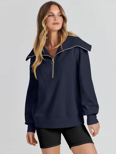 Vista 6 de ANRABESS Sudadera de manga larga con cremallera de un cuarto para mujer, sudadera de manga larga con media cremallera, moda 2024