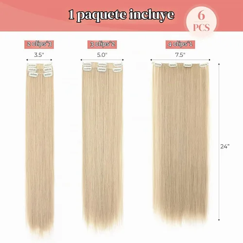 Vista 2 de LONAI 6 extensiones de cabello con clip, 24 pulgadas de largo, lacio, sintético, postizo para mujer, rubio ceniza natural