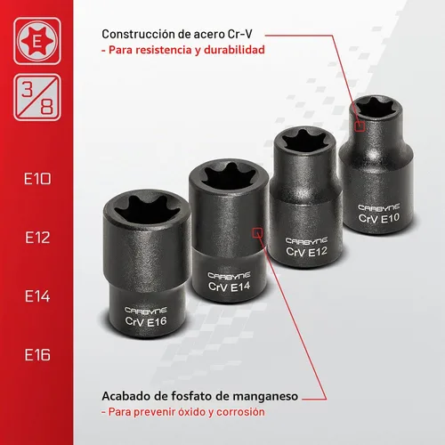 Vista 3 de CARBYNE Juego de llaves Torx externas (E-Torx) de 13 piezas, E4 a E24, acero CrV, acabado de fosfato de manganeso, unidad de 1/4 3/8 1/2 pulgadas