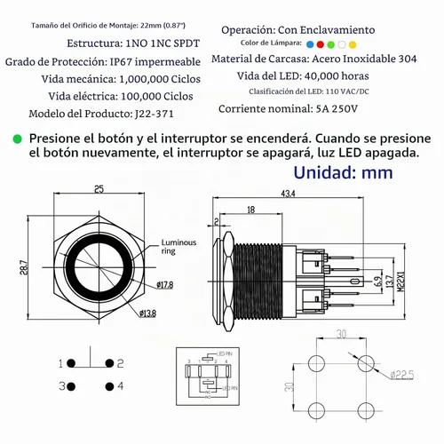Vista 2 de 2 interruptores de botón de cierre de 0.866 in, 7/8 pulgadas, 110 V-120 V, SPDT, interruptor de encendido y apagado, impermeable, IP67, acero Azul