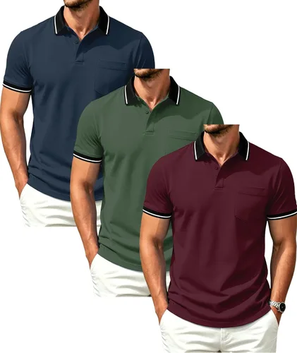 Vista 21 de GEEK LIGHTING Paquete de 3 camisas polo de manga corta con bolsillo para Negro Gris Armygreen