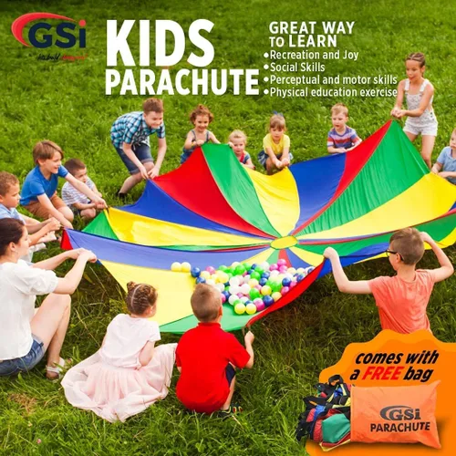 Vista 6 de GSi Paracaídas de juego para niños, paracaídas arcoíris, juego de tienda de campaña para niños, para gimnasia, juego cooperativo y actividades