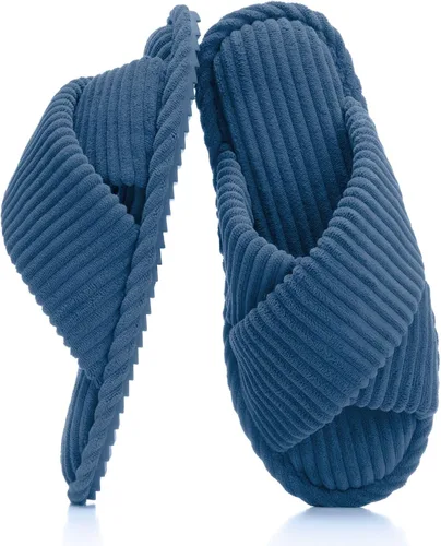 Vista 13 de GOEWY - Pantuflas para mujer con espuma viscoelástica para el hogar, con entretejido de pana, tiras cruzadas, con punta abierta, sandalias cómodas