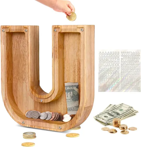 Vista 16 de Alcancía de Madera Personalizada con Letras del Alfabeto, Banco de Monedas con Letras del Alfabeto para Niños, Niñas y Bebés, Tamaño Grande, 26