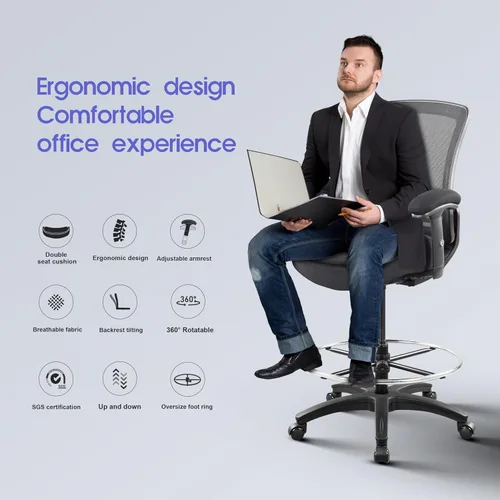 Vista 3 de Silla de redacción de malla para computadora, taburete de escritorio de pie con almohada de apoyo lumbar, reposabrazos ajustable en altura y anillo