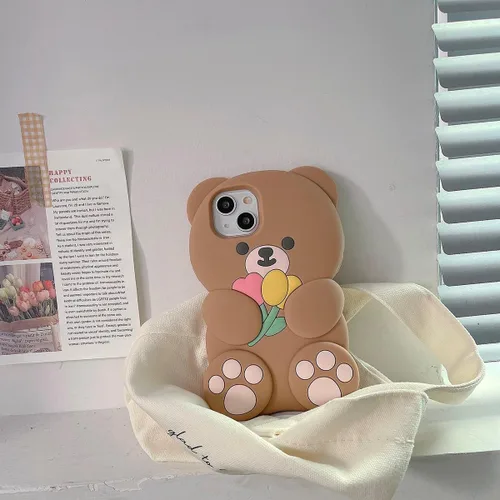 Vista 4 de Fundas de teléfono Kawaii para iPhone 6 Plus/7 Plus/8 Plus, linda funda de teléfono de oso de dibujos animados con flor, funda de teléfono de oso