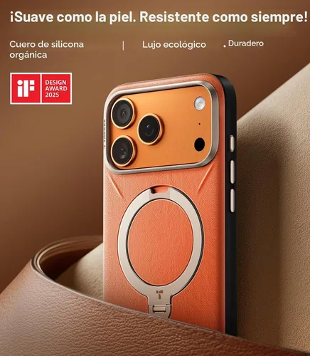 Vista 3 de TORRAS Q3 VegSkin - Funda de piel para iPhone 17 Pro, soporte magnético 360 Naranja quemado