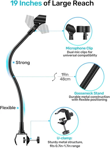 Vista 3 de Soporte de micrófono de cuello de cisne de 19 pulgadas, soporte flexible de brazo de micrófono con clip con súper abrazadera y adaptador de 5/8 a