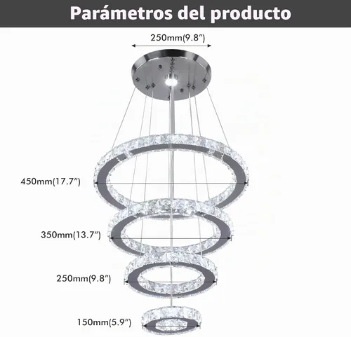 Vista 5 de Candelabros de cristal modernos con anillos LED, luz colgante ajustable, lámpara de techo de acero inoxidable para sala de estar, comedor y Blanco