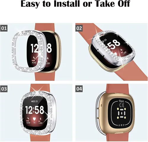 Vista 3 de Funda protectora brillante compatible con Fitbit Versa 3/Sense, marco de parachoques de diamantes de imitación de cristal brillante para mujer
