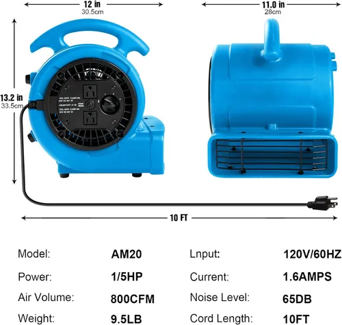 Vista 3 de MOUNTO Ventilador Air Mover de 1/5 hp de 800 cfm, ventilador de secado de pisos, motor de aire compacto de 3 velocidades con doble salida, cable