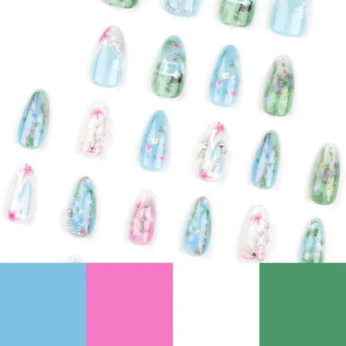 Vista 2 de RTKHFZE Uñas postizas a presión con forma de ataúd de almendra, uñas postizas medianas a presión para primavera y verano, con diseños de flores