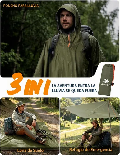Vista 6 de ANYOO Poncho de lluvia con capucha para adultos impermeable ligero abrigo de lluvia para hombres mujeres chaqueta de lluvia reutilizable para Verde