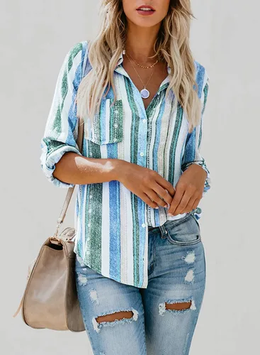 Vista 2 de Astylish - Blusa con cuello en V, rayas, mangas enrollables y botones para mujer
