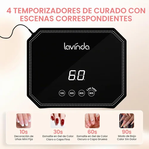 Vista 5 de Lavinda Lámpara de uñas LED UV de 54 W, luz de uñas de gel enchufable con pantalla LCD, 4 temporizadores, sensor automático, longitud de onda doble