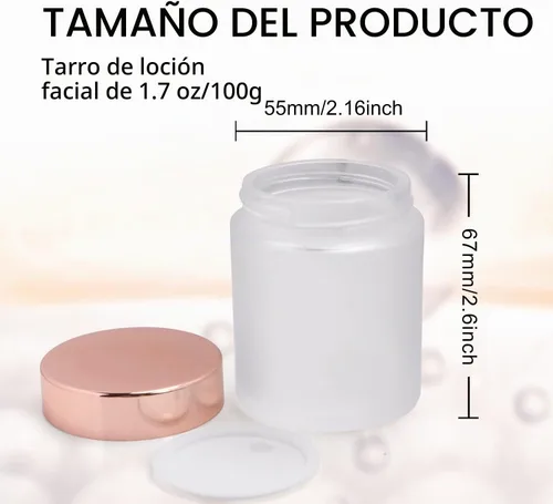 Vista 2 de Paquete de 4, tarros de vidrio esmerilado de 3.4 onzas con tapas, recipientes de almacenamiento vacíos redondos con tapas de oro rosa