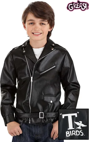 Vista 2 de Chaqueta Grease para niños, disfraz de Halloween de T-Birds negro con cremallera central y detalles de logotipo impreso
