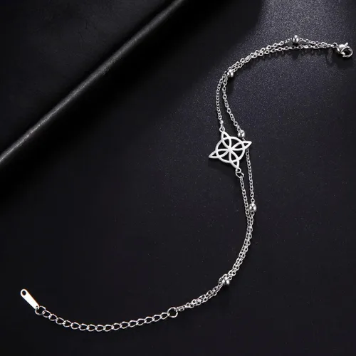 Vista 5 de Pulsera de nudo de brujas para mujer, de acero inoxidable, nudo celta con símbolo Wiccano, pulsera en capas, dije único, pulsera ajustable de doble