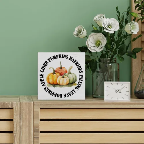 Vista 4 de Decoración de otoño con diseño de calabazas, letrero de madera para casa de campo, para decoración de interiores, 5 x 5 pulgadas