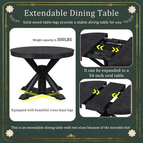 Vista 3 de Farmhouse - Juego de mesa de comedor de 5 piezas, mesa de comedor redonda extensible con 4 cómodas sillas tapizadas, juego de muebles funcionales