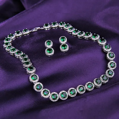 Vista 3 de EVER FAITH Precioso collar de circonita cúbica de corte redondo con piedra natal para novia, aretes y pulseras de tenis, juego de joyas de boda