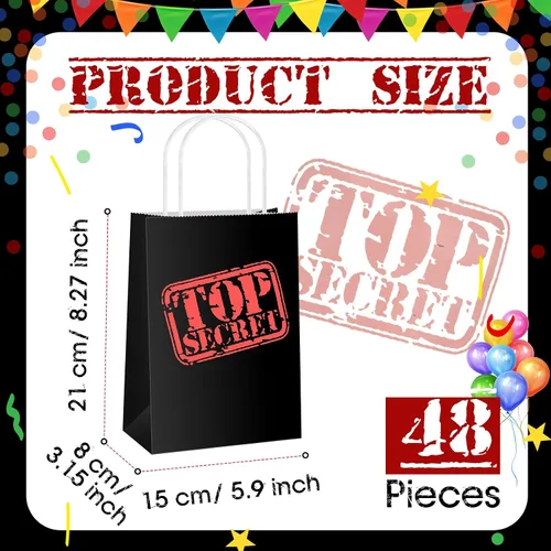 Vista 2 de Lincia 20 bolsas de regalo de espías Top Secret para fiesta, agente secreto misterioso, bolsas de papel kraft con asas, temática de espía