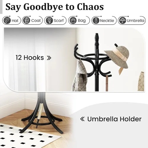 Vista 7 de Tangkula Perchero con soporte para paraguas, perchero independiente de 73 pulgadas con 12 ganchos, entrada de madera para ropa, bolsos, sombreros