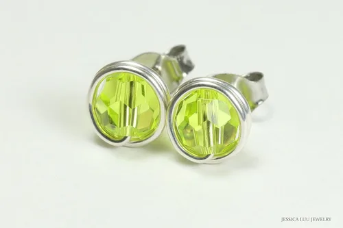 Vista 4 de Jessica Luu Jewelry Chartreuse Green Stud Earrings Sterling Silver or Gold Wire Wrapped Citrus Crystal Handmade