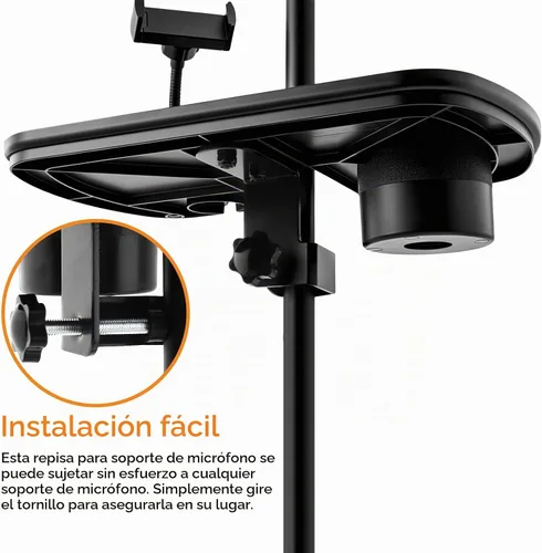 Vista 8 de Bandeja de soporte para micrófono con soporte para teléfono, abrazadera