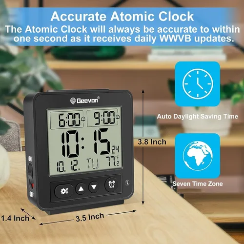 Vista 3 de Geevon Pequeño reloj despertador atómico de viaje con retroiluminación Auto/8s, 2 configuraciones de alarma, temperatura, sonidos de pitido Negro