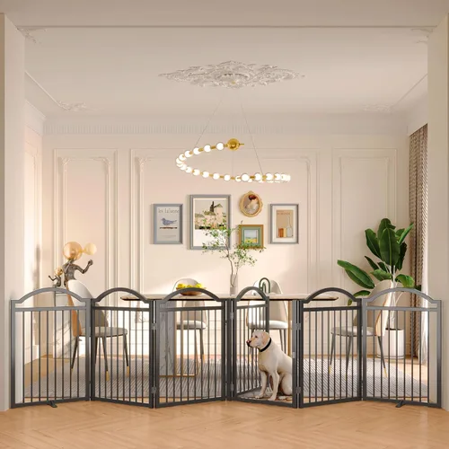 Vista 15 de BHG Puerta independiente de metal para perros sin ensamblaje con puerta a través, extra ancha de 80 pulgadas, puerta extra alta para mascotas de 30