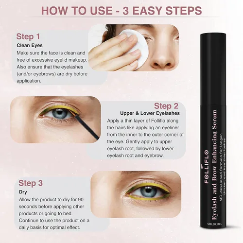 Vista 4 de Folliflo Suero acondicionador de pestañas y cejas con aceite de ricino y Panax Ginseng, cuidado diario ligero para pestañas y cejas de aspecto más