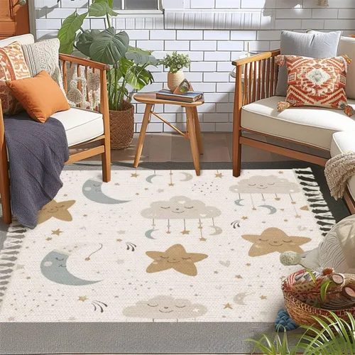 Vista 2 de Alfombra bohemia para dormitorio de niños, sala de juegos, guardería, bonita alfombra celestial sin costuras de dibujos animados bebé estampado una