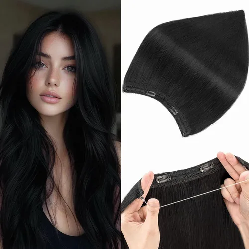 Vista 23 de Extensiones de cabello humano real, extensiones de cabello humano 100 % humano, extensiones de clip, ondulado, negro azabache 01, 2.46 oz/18 pulgadas
