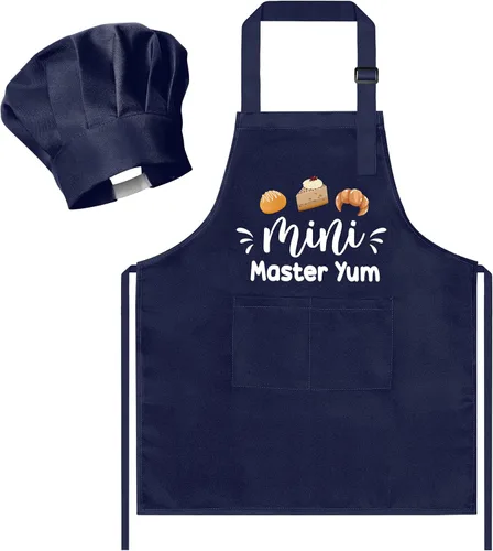 Vista 13 de R HORSE Juego de delantal y sombrero de chef para niños, 2 piezas, mini parrilla ajustable, delantal de cocina para niños, juego de rol, juguete