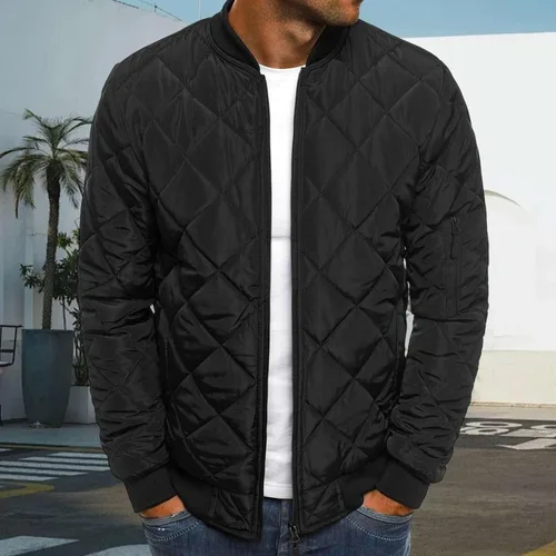 Vista 2 de Men’s Bomber Jacket Diamond Quilted Rib Varsity Zip Lightweight Jackets Fall Winter Warm Fleece Padded Coats Outwear