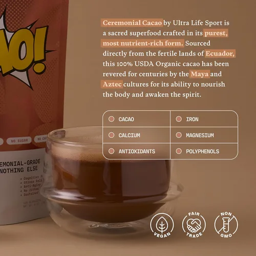 Vista 6 de Ultra Life Sport - Polvo de Cacao Ceremonial - 100% Polvo de Cacao Orgánico Crudo Certificado por USDA - Superalimento que Contiene Teobroma