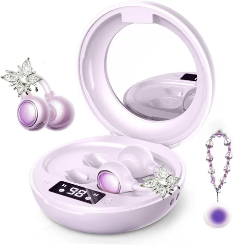 Vista 10 de Auriculares inalámbricos con clip de oreja abierta Bluetooth 6.0, estuche compacto de polvo con pantalla LED y espejo, clips de oreja de mariposa
