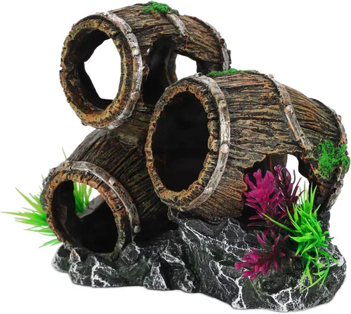 Vista 7 de UNEAK - Decoraciones de acuario Tres barriles rotos apilados Decoración de pecera Ornamento Paisajismo Sobre Rocas Cueva Agua Salada Agua Dulce