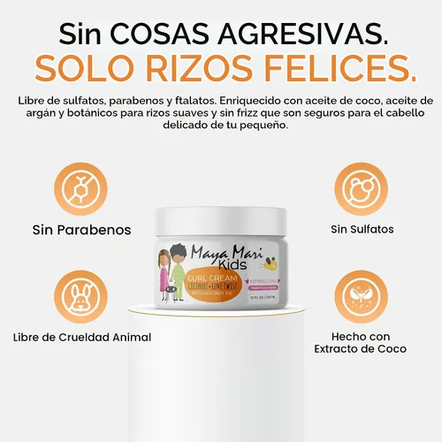 Vista 5 de MAYA MARI Crema para rizos para niños, crema definidora con aceite de coco para niños pequeños y bebés, domina el encrespamiento en cabello rizado