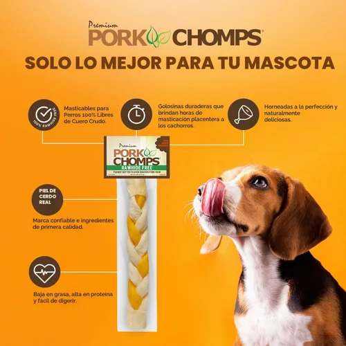 Vista 3 de Pork Chomps Piel de Cerdo Asada para Perros para Masticación, Trenza de 8 Pulgadas, Sabor a Mantequilla de Cacahuete, 1 Unidad (Paquete de 3)