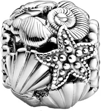 Vista 2 de Abalorio de plata de ley con diseño de estrella de mar, conchas de mar y corazones, diseño tropical