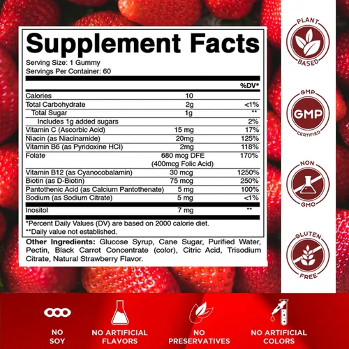 Vista 2 de Gomitas de complejo de vitamina B Vitamatic con vitamina C e inositol - Sabor natural a fresa - 60 gomitas (1 botella)